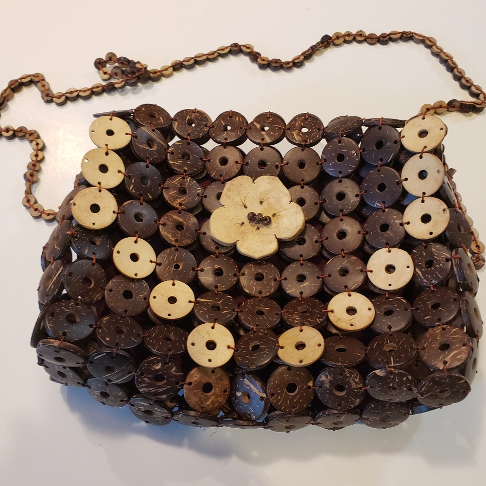 Coconut shell cross body or shoulder bag 9 x 7 unique, fun, natural